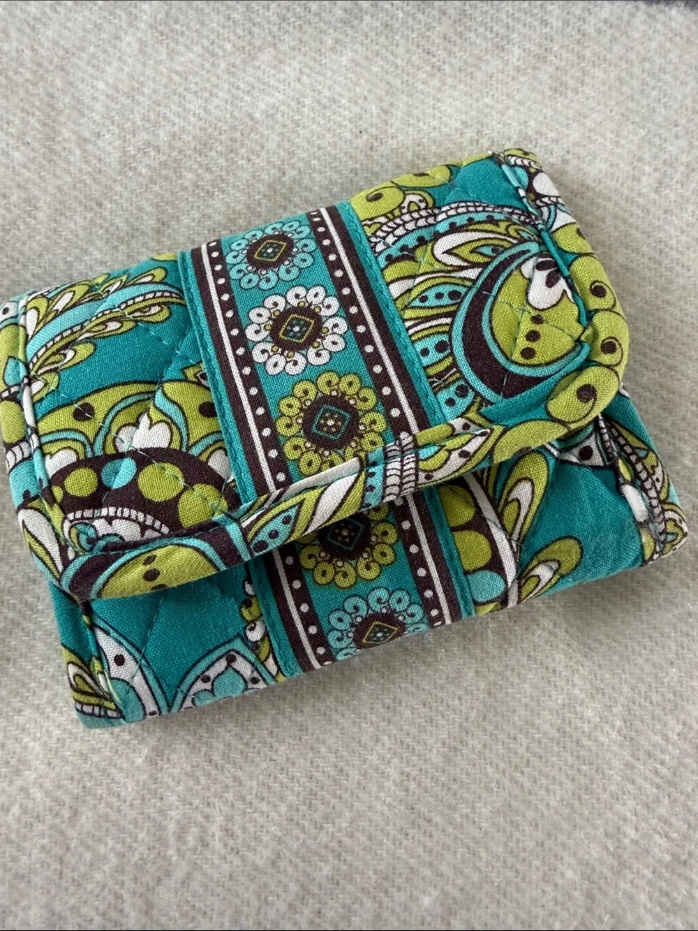 VERA Bradley Quilted Fold-Over Wallet in Teal and Lime Paisley